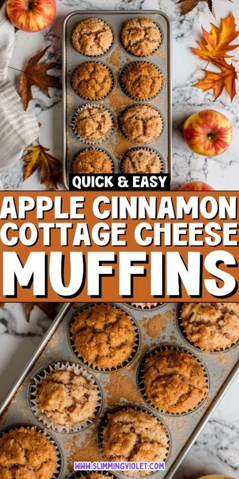 Apple cinnamon cottage cheese muffins are a sweet and healthy snack, ideal for autumn mornings. Easy to make and perfect for kids! Save this recipe for a tasty treat. Fall Healthy Recipes Dessert, Healthy Fall Muffin Recipes, High Protein Apple Cinnamon Muffins, Morning Muffins For Kids, Apple Cinnamon Cottage Cheese, Cottage Cheese Pumpkin Chocolate Chip Muffins, Healthy Apple Cider Muffins, Fall Protein Muffins, Fall Inspired Muffins