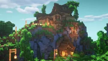 Mountaintop Minecraft Houses, Jungle Mountain House Minecraft, Minecraft Building Ideas Cave House, Minecraft House On A Cliff, Cliff Side Base Minecraft, Cute Minecraft Cliff Houses, House On Cliff Minecraft, Minecraft Cliff Side Builds, Cave Side Minecraft House