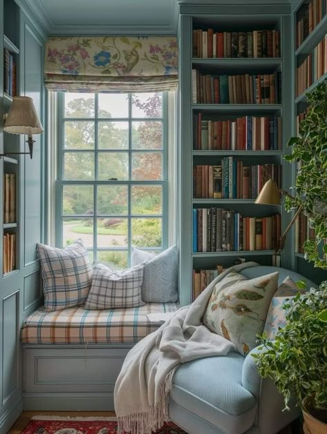 Reading Nook Window Seat, Reading Nook Window, Cozy Nook Ideas, Book Nook Ideas, Window Seat Ideas, Cozy Home Library, Library Room, Nook Ideas, Home Library Design