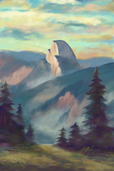 Yosemite National Park, California - Half Dome - Oil Painting (Art Prints, Wood & Metal Signs, Canva Acrylic Mountains, Yosemite National Park Map, Yosemite Art, Yosemite National Park Photography, Acrylic Landscape, National Park California, Scenic Photography, California National Parks, Stock Art