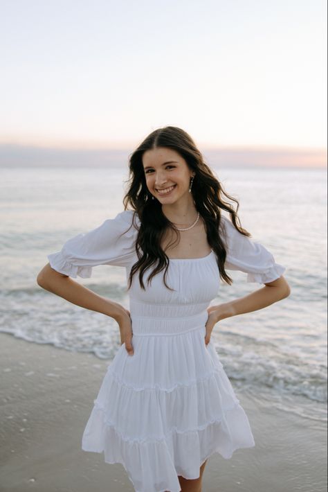 Senior Pictures In White Dress, White Frock Photoshoot, White Outfits For Photoshoot, Birthday Photoshoot Ideas Dress, Cute Poses In Frock, White Dress Senior Pictures Beach, Picture Poses For Dresses, Beach Photoshoot White Dress, White Dress Nature Photoshoot