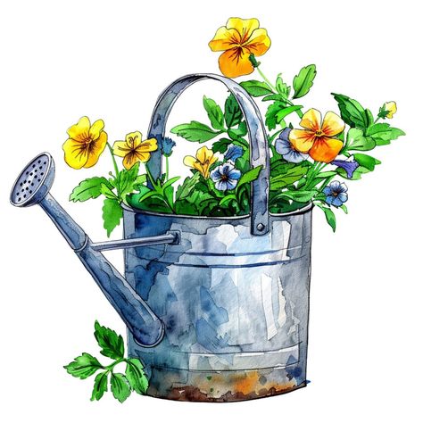 Watering Can Clipart, Plant Nook, Still Life Arrangements, Watering Can With Flowers, Garden Illustrations, Garden Illustration, Garden Drawing, Watering Cans, Diy Watercolor Painting