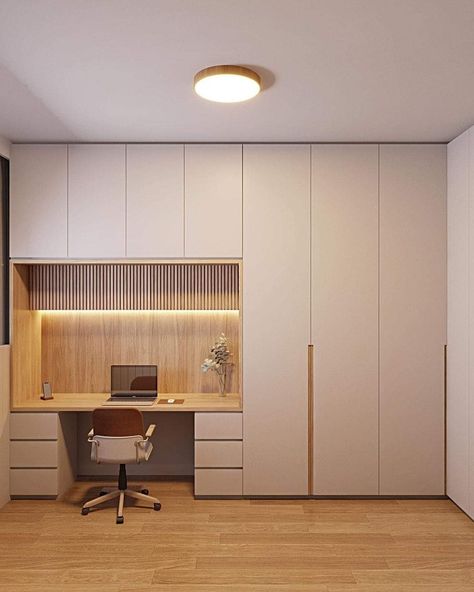 Plywood Bedroom Design, Wardrobe With Working Desk, Office Wardrobe Design, Closet With Desk, Office Closet Room, Wardrobe With Desk, Hallway Desk, Studio In Casa, Desk And Wardrobe