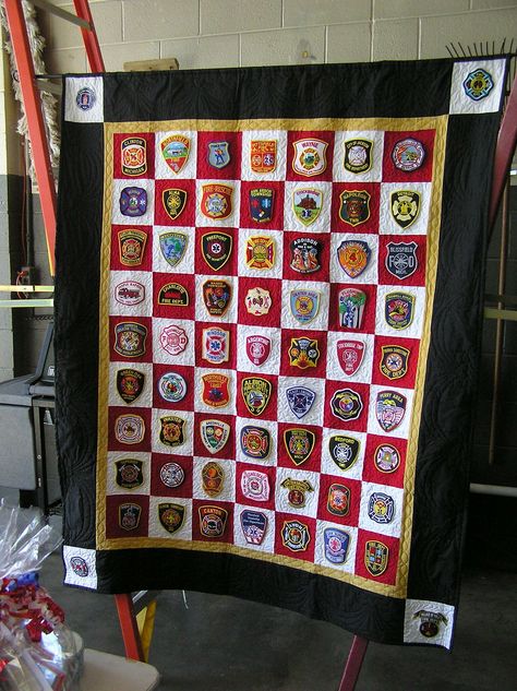 Firefighter Quilts, Firefighter Quilt, Police Quilt, Fireman Quilt, Memorial Quilt, Fire Theme, Tshirt Quilts, Retired Firefighter, Patches Display