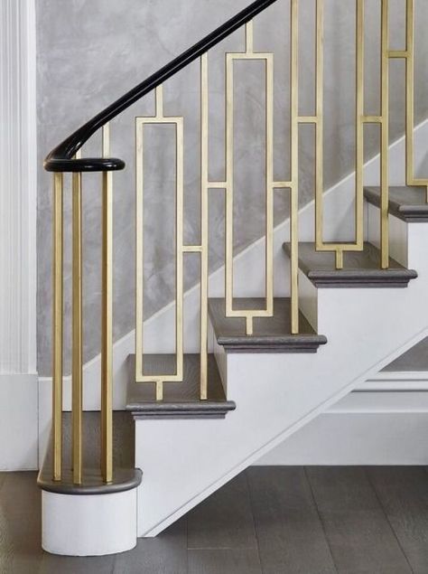 Gold mid century modern staircase handle 2023 Staircase, Modern Railings For Stairs Interiors, Stairs Railing Design, Railings For Stairs, Art Deco Stairs, Reling Design, Stairs Design Modern Railing Ideas, سلالم حلزونية, درابزين السلم