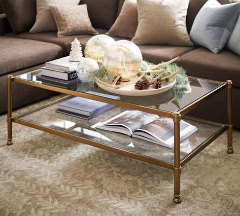 Gold Glass Living Room Table, Glass Coffee Table Decor Living Room, Brass Coffee Table Living Room, Glass Coffee Table Styling, Glass Coffee Table Decor, Gold Glass Coffee Table, Coffee Table Glass Top, Brass And Glass Coffee Table, Glass Table Living Room