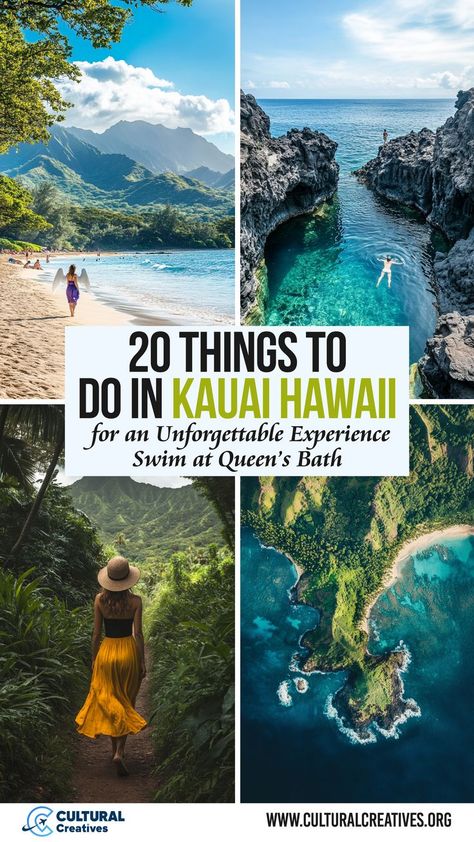 Image showcasing 20 things to do in Kauai, Hawaii, for an unforgettable experience, including swimming at Queen’s Bath, exploring lush hiking trails, relaxing on pristine beaches, and admiring aerial views of dramatic coastline landscapes. Wailua Falls Kauai, Princeville Kauai Activities, What To Do In Kauai Hawaii, Things To Do In Kauai Hawaii, Kauai Hawaii Things To Do In, Kauai Hikes, Queens Bath Kauai, Hanalei Bay Kauai, Kalalau Trail