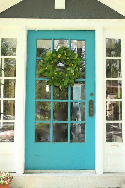 the best front door paint colour is teal on a yellow or gray home. BM Cool Aqua or SW Aquarium Teal Front Door, Teal Front Doors, Teal Door, Yellow Front Doors, Turquoise Door, Painted Interior Doors, Front Door Interior, Best Front Doors, Green Front Doors