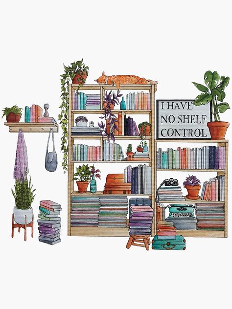 "Watercolor bookshelf I have no shelf control" Sticker by Jessfm | Redbubble I Have No Shelf Control, Bookshelves Drawing, Watercolor Bookshelf, Bookshelf Artwork, Library Drawing, No Shelf Control, Painted Bookshelves, Bookshelf Art, Watercolor Books