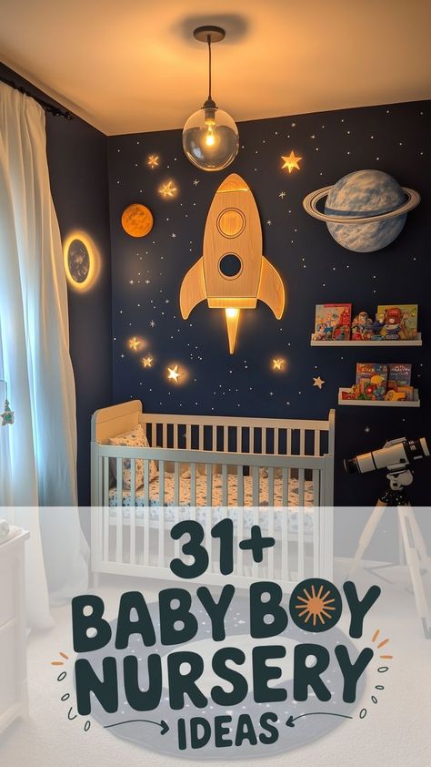 A space-themed baby boy nursery featuring a rocket nightlight, glowing stars, planets, and a telescope, creating an out-of-this-world design. Outer Space Nursery Theme, Boys Space Room, Space Theme Nursery, Boys Nursery Ideas, Star Themed Nursery, Outer Space Nursery, Baby Boy Nursery Ideas, Nursery Idea, Boy Nursery Themes