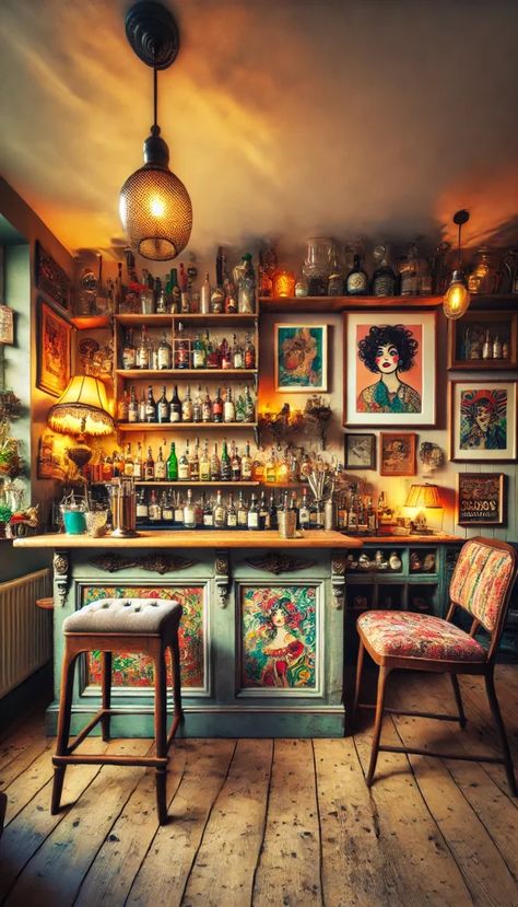 Artsy Bar Design, Retro Wine Bar, Eclectic Bar Design, Eclectic Home Bar, Eclectic Decor Restaurant, Cozy Eclectic Home, Bar Decor Ideas, Painted Bar, Cabin Style Home