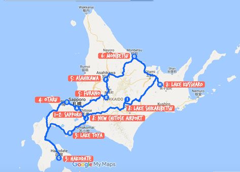 Map of road trip around Hokkaido - Budget Hokkaido Itinerary Hokkaido Itinerary, Japan Road Trip Map, Asahikawa, California Road Trip Itinerary, Japan Map, Winter Road, Furano, Road Trip Map, Japan Destinations