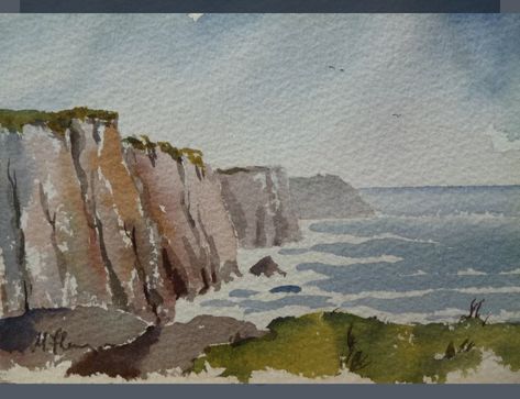 Mountains And Water Painting, Impressionist Landscape Watercolor, Watercolor Cliff Landscapes, Ireland Watercolor Painting, Watercolour Cliffs, Watercolor Cliff, Watercolor Ireland, Water Colour Landscape, Impressionism Watercolor