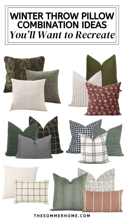 Explore my favorite throw pillow combinations for winter in our new blog post! Find stunning Sofa Pillow Arrangement ideas that are perfect for winter. Get inspired by Mix And Match Throw Pillows to refresh your space with seasonal style. Discover beautiful Throw Pillow Combinations that make your winter décor both comfortable and chic. Pillow Combos Gray Couch, Christmas Pillow Combinations, Sectional Throw Pillow Arrangement, Sectional Throw Pillows, Dark Green Couches, Black And White Throw Pillows, Throw Pillow Arrangement, Mix And Match Throw Pillows, Black Leather Couch