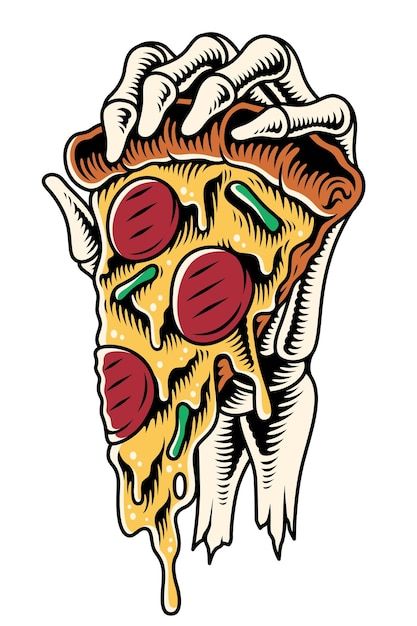 Pizza Illustration Design, Skeleton Pizza, Freepik Illustration, Skull Pizza, Pizza Halloween, Pizza Illustration, Skeleton Hand Holding, Pizza Tattoo, Monster Food