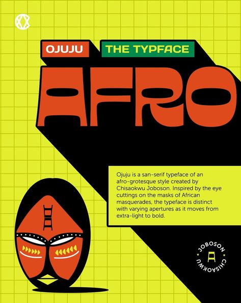 Trying the Ojuju typeface by @jobosonchisa in different design styles. Ojuju is a san-serif typeface of an afro-grotesque style, Inspired by the eye cuttings on the masks of African masquerades. It pairs so well with sans serif fonts like day one, poppings, open sans, etc. I prefer it as a large blocky headline instead of a sub-headline or body copy. Keeping legibility in mind and allowing my audience see the beauty in each letter. African Typography, San Serif Fonts, Design Tech, Font Ideas, Different Design Styles, Insta Captions, Branding Projects, Sans Serif Typeface, Flyer And Poster Design