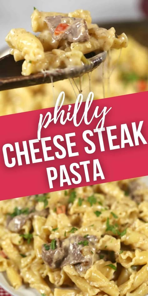 Philly Steak Pasta Bake, Philly Meat Recipes, Cheese Steak Pasta Bake, Philly Cheese Steak Hamburger Helper, Shaved Beef Pasta Recipes, Philly Cheese Steak Spaghetti, What To Serve With Philly Cheese Steak, Chicken Philly Cheesesteak Pasta, Cheesy Cheesesteak Pasta