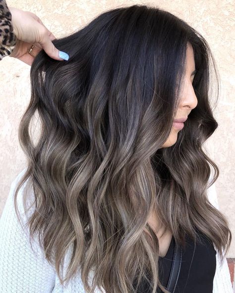 Brassy Balayage Color Correction, Black And Ash Balayage, Dark And Ash Balayage, Popular Hair Colors For 2023 Dark, Black Ash Balayage, Brunette Ash Balayage Hair, Ashy Ombre Hair, Mushroom Brown Balayage On Black Hair, Ash Brown Balayage Dark