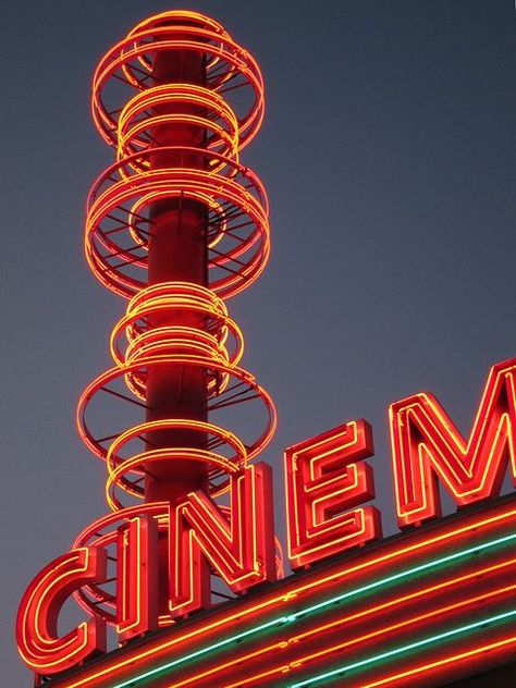 Vintage Cinema Aesthetic, Neon Cinema, Retro Billboard, Cinema Sign, Theatre Sign, Neon Moon, Vintage Neon Signs, Movie Theaters, Neon Nights