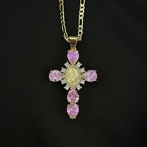 Pink cross 035 back in stock 🚨 $16 Pink Cross Necklace, Gold Necklace Cross, Pink Gold Necklace, Dream Birthday, Cross Charm Necklace, Necklace Butterfly, Keychain Necklace, Pink Cross, Necklace Cross