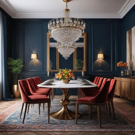 Dark Blue Dining Room, Moody Dining Room, Statement Chandelier, Plush Chair, Stylish Dining Room, Dining Room Blue, Park House, Statement Chandeliers, Tarpon Springs