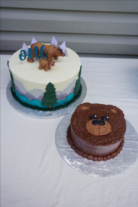 Mountain Smash Cake, Smash Cake One Happy Camper, Camping Smash Cake 1st Birthdays, First Birthday Mountain Theme, One Happy Camper Sheet Cake, Mountain Theme First Birthday, One Happy Camper First Birthday Cake Smash, Camping Smash Cake, One Happy Camper Cake Smash