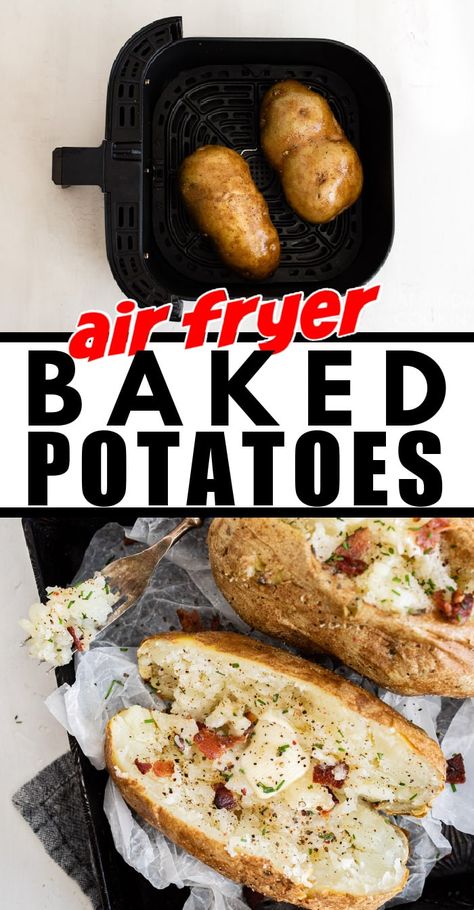 Fluffy on the inside and crispy on the outside air fryer baked potatoes. The easiest and tastiest way to make baked potatoes! Air Fryer Veggies, Air Fryer Baked Potato, Air Fryer Potatoes, Air Fryer Foods, Food Air Fryer, Air Fryer Food, Cooks Air Fryer, Air Fryer Ideas, Air Fryer Cooking Times