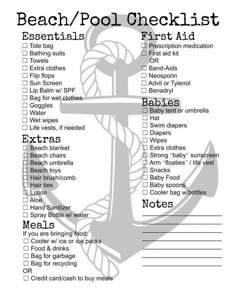 Pool Checklist, Beach Trip Packing List, Beach Checklist, Beach Trip Packing, Simplified Life, Pool Essentials, Trip Packing, Anchors Aweigh, Beach Packing