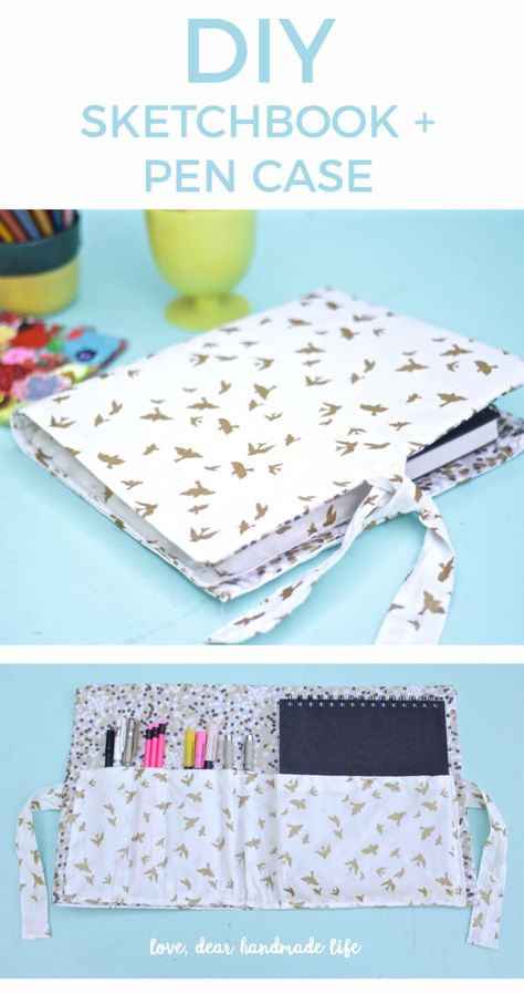 How to sew a diy sketchbook and pen case easy sewing tutorial from Dear Handmade Life Sewing Projects Pencil Case, Diy Sketchbook How To Make, Sketchbook Pocket Diy, Sewing Sketchbook, Diy Sketchbook Cover, How To Sew A Journal Cover, Hand Sewn Pencil Case, Pen Pouch Diy, Pen Case Diy