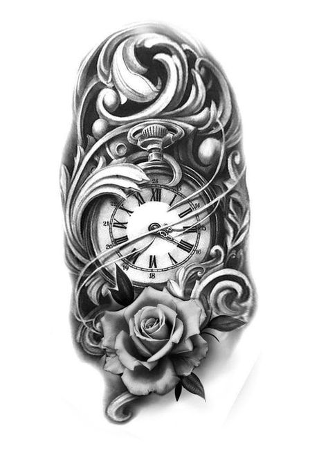 Time Clock Tattoo, Outer Bicep Tattoos, Pocket Watch Tattoo Design, Clock And Rose Tattoo, Watch Tattoo Design, Pocket Watch Tattoos, Filigree Tattoo, Animal Tattoo Ideas, Realistic Tattoo Sleeve