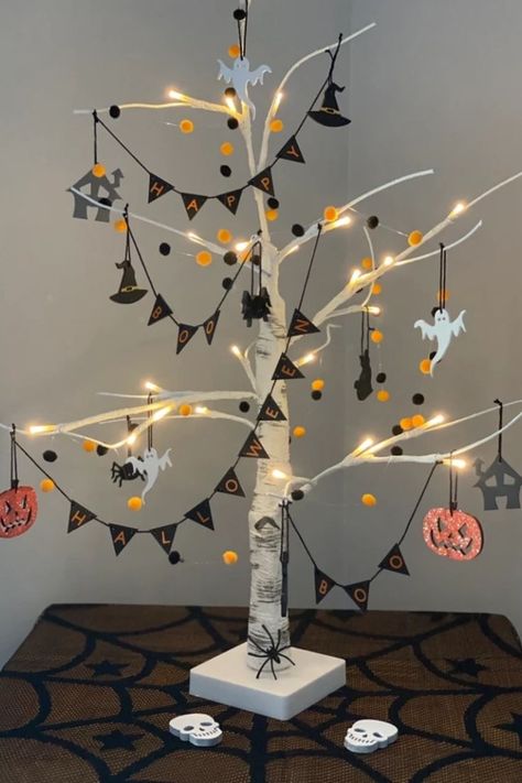 Halloween Tree - Most Googled Halloween Decor Trends of 2022 Fall Office Decorations, Dangling Lights, 2 Black Cats, Diy Halloween Tree, 3 Ghosts, Halloween Tree Decorations, Wooden Bunting, Diy Tree Decor, Witches Hats