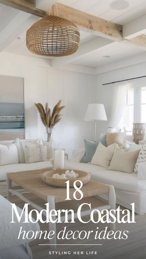 Create a fresh, beach-inspired space with modern coastal living room decor ideas! Learn how to use light colors, natural materials, and minimalist designs to craft a serene, coastal retreat. Embrace soft neutrals, organic textures, and open, airy layouts to bring the tranquil essence of the coast into your home. Perfect for adding fresh, coastal charm and modern elegance to any living room. Airy Beachy Living Room, Beach Inspired Interior, Summer Home Living Room, Beach Modern House Interior Design, County Coastal Decor, Neutral Coastal Living Room Sofas, Joanna Gaines Coastal Style, White Beachy Living Room, Resort Style Decor