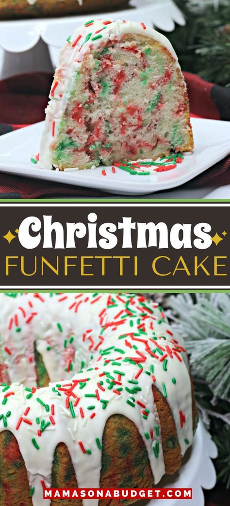 Christmas Funfetti Cake is a soft Funfetti bundt cake topped with a sweet cream cheese frosting and dressed up with your favorite holiday sprinkles. The best Christmas Dessert ever! Funfetti Bundt Cake, Christmas Bundt Cake, Best Christmas Desserts, Christmas Desserts Easy, Easy Christmas Treats, Holiday Sprinkles, Bundt Cake Pan, Funfetti Cake, Cake Toppings