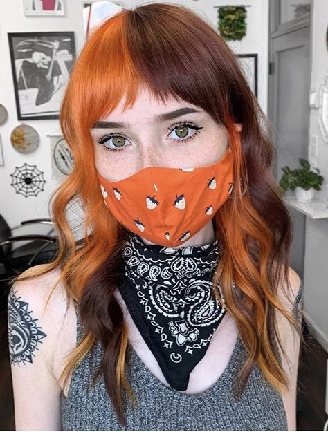 @pinkdagger is an amazing Atlanta based hair stylist and colorist. She's done amazing hair coloring works! Go check her out on Instagram! Follow our instagram at @fayd_app for more hair inspiration content! #orangehair #orange #brunette #brunettehair #longhair #wavyhair #hair #hairstyle #hairinspiration #facemask #facemaskstyle #orangefacemask #fall #falllooks #fallhairstyle #fallhair #autumn #autumnhair #hazeleyes #colorblocking #colorblockhair Blonde Streak, Spooky Hair, Color Block Hair, Cheveux Oranges, Split Dyed Hair, Hair Streaks, Split Hair, Block Color, Hair Brained