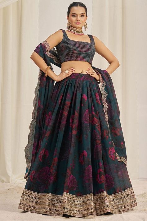 Teal Blue Floral Print Organza Embroidered Lehenga Set Green Floral Lehenga, Lehengas Party Wear, Indian Wedding Lehengas, Teal Green Blouse, Green Lehenga Choli, Ghaghra Choli, Lehenga Choli For Women, Choli For Women, Floral Lehenga