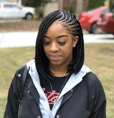 Braids With Cornrows On The Side, Bob Cornrow Braids, Cornroll Braids Hairstyles Cornrows, Short Braided Hairstyles For Black Women, Cornrow Bob, Conrows Lines And Braids, Ghana Weaving Hairstyles, Weaving Hairstyles, Latest Hair Braids