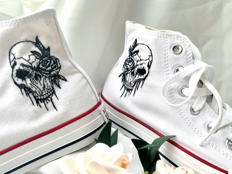 👀You are used to simple convese shoes? 👀 You want to break the design according to your requirements. ❤️Ali Box has what you want. Please quickly contact us for advice and products. 🔥Alibox- Design- Prestige🔥. Skull Embroidered Shoes/ Halloween Converse High Tops/ Harajuku Shoes/ Chuck Taylor 1970s/ Custom Groom Shoes/ Gift For Bride/ Closing Gift/ converse embroidery, embroidery converse, chrismas converse, converse chucks, limited converse, chrismas shoes, embroidery shoes Converse Embroidery Ideas Black, Converse Platform White, Embroidered White Converse, Embroidered Low Converse, Converse Black Embroidery, White Embroidered Converse Sneakers, White Platform Converse, Harajuku Shoes, Aesthetic Converse