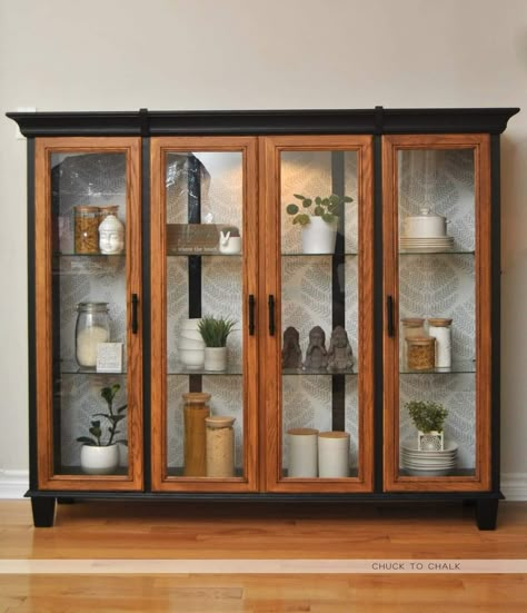 Update Old China Cabinet, Refurbished Display Cabinet, Small China Cabinet Display, Glass Door Cabinet Makeover, Kitchen Curio Cabinet, Refurbished Bookcase, Display Cabinet Living Room, China Cabinet Ideas, Hutch Redo