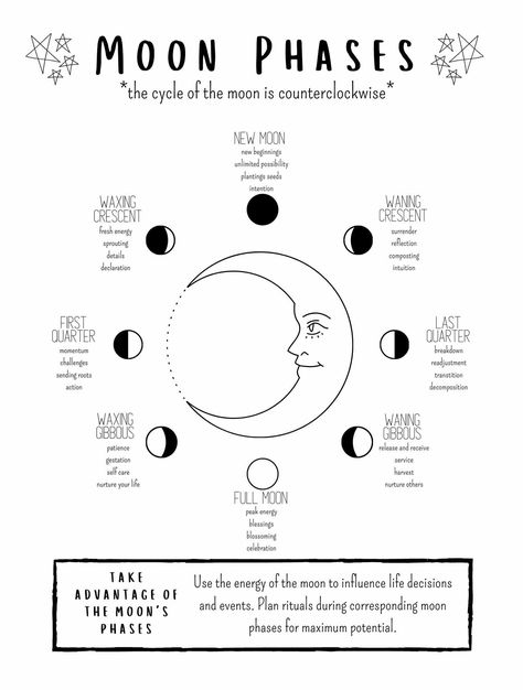 Phases of the Moon Grimoire Page, Lunar Calendar Book of Shadows Printable, Witch Cheat Sheet #grimoirepages #bookofshadows Moon Grimoire Page, Moon Grimoire, The Moon Phases, The Phases Of The Moon, Magia Das Ervas, Moon Reading, Witchcraft Books, Wiccan Magic, Moon Journal