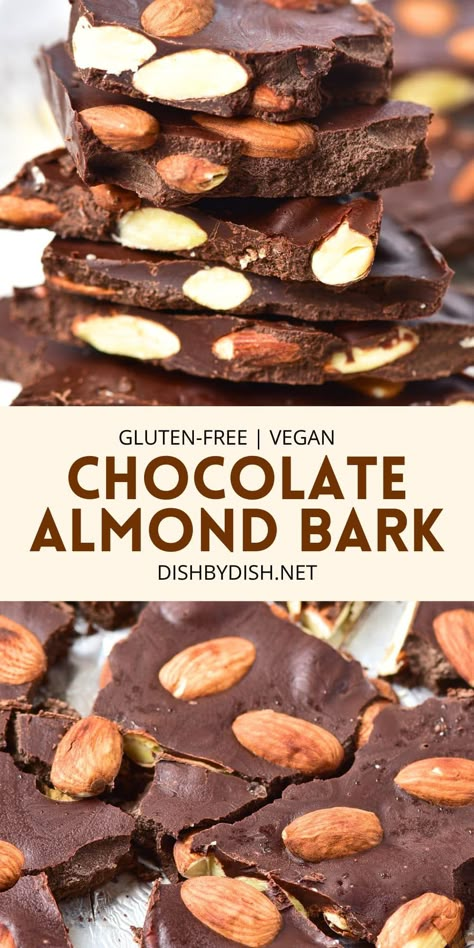 Collage of images of chocolate almond bark. Almond Bark Recipes Chocolate, Almond Chocolate Bark, Chocolate Nut Bark Recipes, Almond Bark Candy Recipes, Vegan Bark Recipes, Easy Almond Bark Recipes, Easy Chocolate Bark Recipes, What To Make With Almond Bark, Almond Bark Fudge Easy Recipes