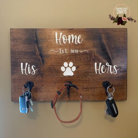 "Never lose your keys or animals leash again! Made to order here is our His/Hers/The Dogs Leash and Key Holder. Customize with different phrases, multiple paw prints and established date. Double Hooks for multiples sets of Keys and leash and collar! *first image color is English Chestnut* Dimensions:  1 Paw Print - 18\" long by 11\" tall - about 4\" deep including double hooks. (Custom Sizes Available) 2 Paw Print - 20\" long by 11\" tall - about 4\" deep including double hooks. (Custom Sizes Available) 3 Paw Print - 24\" long by 11\" tall - about 4\" deep including double hooks. (Custom Sizes Available) Additional Paw Prints Available please message Seller to arrange custom listing. Occasions: Housewarming Gift, Hostess Gift, New Home Gift, Client Gift, Rental Property Decoration and more Key Hooks Entryway, Entryway Key Holder, Paw Print Art, Dog Leash Hook, Dog Hook, Dog Leash Holder, Dog Home Decor, Entryway Signs, Spring Craft