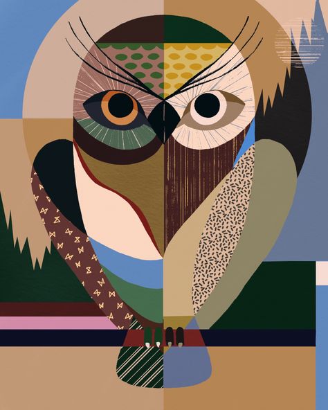 artist ig: alteralunis Parrot Drawing, Geometric Owl, Whimsical Wall Art, Owl Illustration, Cubism Art, Geometric Animals, Indian Art Paintings, Owl Art, Cute Easy Drawings