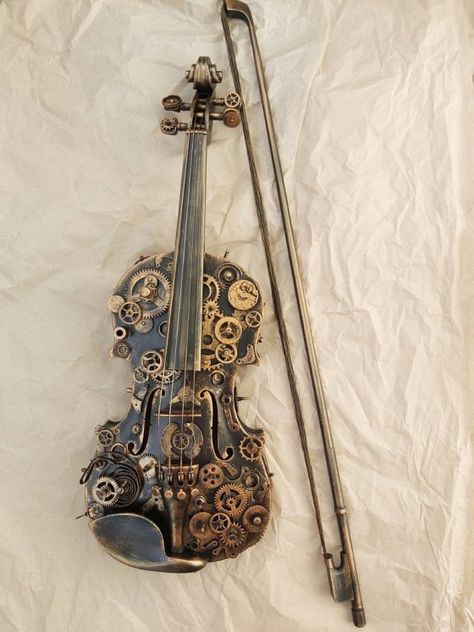 Steampunk Violin Sculpture by Rusty Punk. – Steampunk StuffI Loft Decor Ideas, Décor Steampunk, Gifts For Music Lovers, Violin Art, Violin Design, Steampunk Aesthetic, Instruments Art, Steampunk Decor, Loft Decor