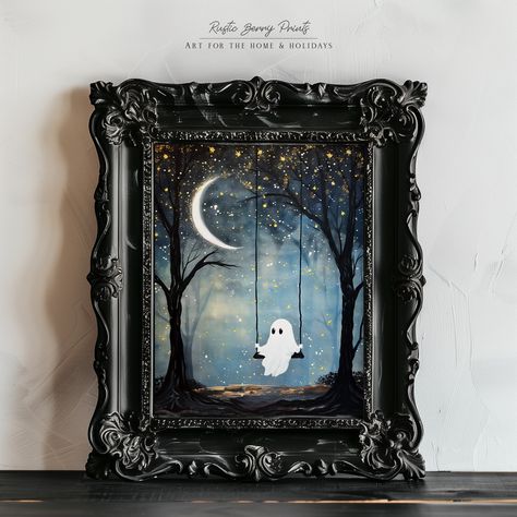 Spooky Halloween Canvas Painting, Crafts With Things Around The House, Spooky Painting Trend, Diy Spooky Painting, Spooky Art Paintings, Romantic Halloween Decor, Halloween Diy Painting, Painting Ghosts On Thrifted Art, Diy Halloween Painting