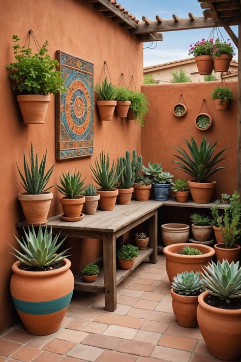 Mexican Backyard Decor, Spanish Style Outdoor Patio Ideas, Outdoor Spanish Patio, Outdoor Mexican Patio, Jardines Exteriores Ideas Design, Talavera Backyard, Mexican Tile Patio, Mexican Garden Hacienda Style, Spanish Patio Ideas