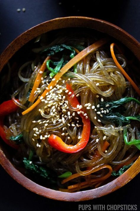 A springy Korean glass noodle recipe (chapchae/japchae) seasoned lightly with sweet soy sauce, sesame oil and a variety of vegetables. #recipe #vegetarian #easy #noodles #koreanfood #japchae Chapchae Recipe, Japchae Recipe Korean, Glass Noodles Recipe, Korean Glass Noodles, Sweet Soy Sauce, Chicken Skewer Recipe, Grilled Chicken Skewers, Asian Noodle Recipes, Takeout Food