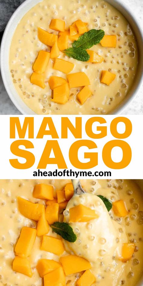 Mango sago is a popular Asian dessert that’s perfect on a hot summer day. This creamy, fruity, cold tapioca pudding dessert is easy to make at home with just a few simple ingredients. Plus, homemade mango sago is made with real fruit — it’s better, healthier, and cheaper than buying it at a dessert shop! | aheadofthyme.com #mangosago #mangopudding #tapiocapudding #mango via @aheadofthyme Dessert Recipes Mango, Home Desserts Easy, Easy Home Dessert Recipes, Recipes With Mangoes, Dessert Recipes Filipino, Easy Indian Food Recipes Simple, Things To Make With Mango, Nam Van Dessert Recipe, Mango Asian Recipes