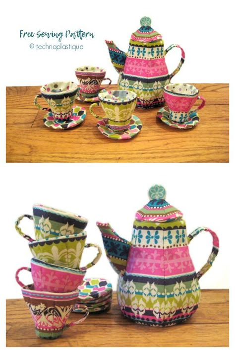 Quilted Mad Tea Party Set Free Sewing Pattern | Fabric Art DIY Diy Tea Set, Fabric Art Diy, Tea Time Table, Kitchen Sewing, Tea Party Set, Teacup Crafts, Quilted Pillow Covers, Tea Party Setting, Sewing Templates