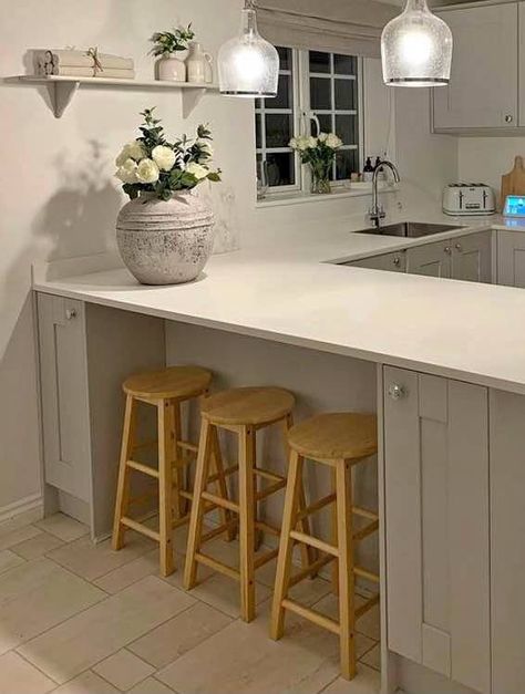 Small Kitchen Diner With Island, Awkward Corner In Kitchen, Breakfast Bars Kitchen, Small Kitchen With Bar Counter, U Shaped Kitchen With Breakfast Bar, Small Cottage Kitchen Ideas, House Facelift, Kitchen Breakfast Bar, Cottage Extension