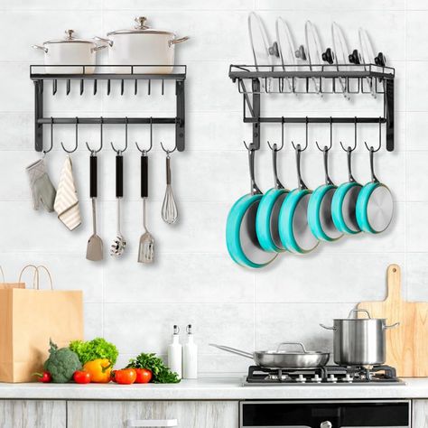 PRICES MAY VARY. Our pot lid rack comes as a set of 2 pieces, designed for standalone use or for creating a customizable, large-scale storage system by combining multiple racks. The hanging design saves valuable counter space, giving you more room to work in your kitchen. With its simple and elegant design, it complements any kitchen decor style seamlessly. Featuring 12 attached hooks for hanging cooking utensils and pots, our rack utilizes a round-through-tube design rather than the typical S-s Pot And Pan Hanger, Pots And Pans Rack, Pan Hanger, Kitchen Decor Styles, Pan Storage, Hanging Pans, Pot Rack Hanging, Pan Rack, Kitchen Organizers